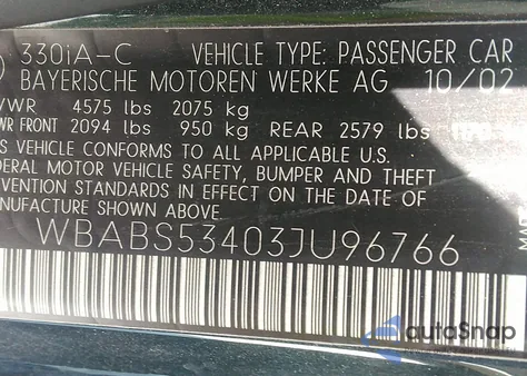 2003 BMW 330Ci Ci z USA, uszkodzony, nr VIN WBABS53403JU96766